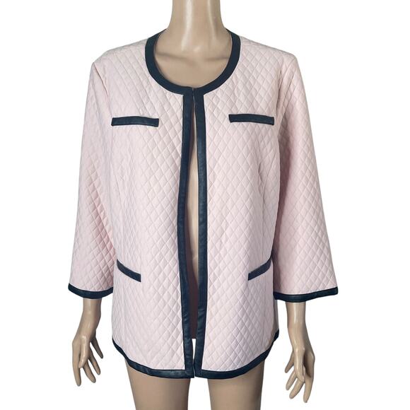Joan Rivers Quilted Jacket Womens Large Pink Faux Leather Black Trim
